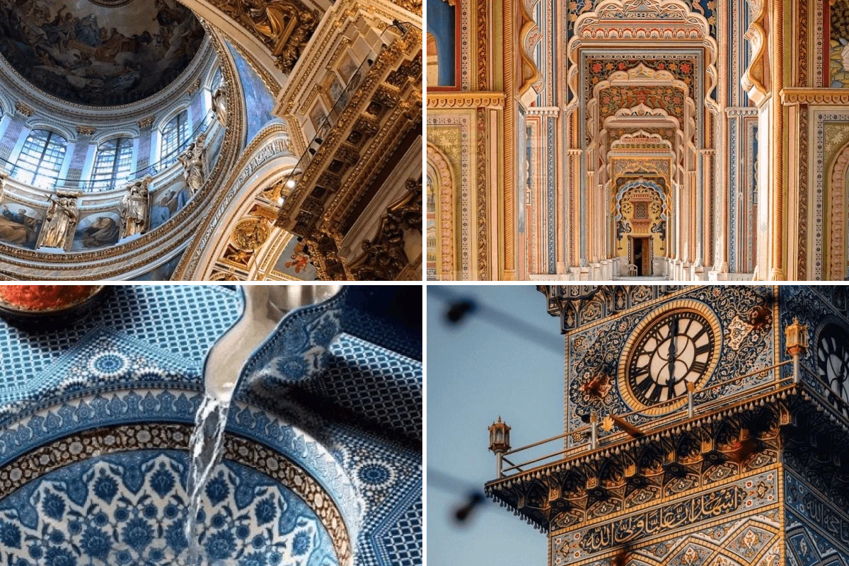 Ornate old buildings, domes, tilework and a clock tower