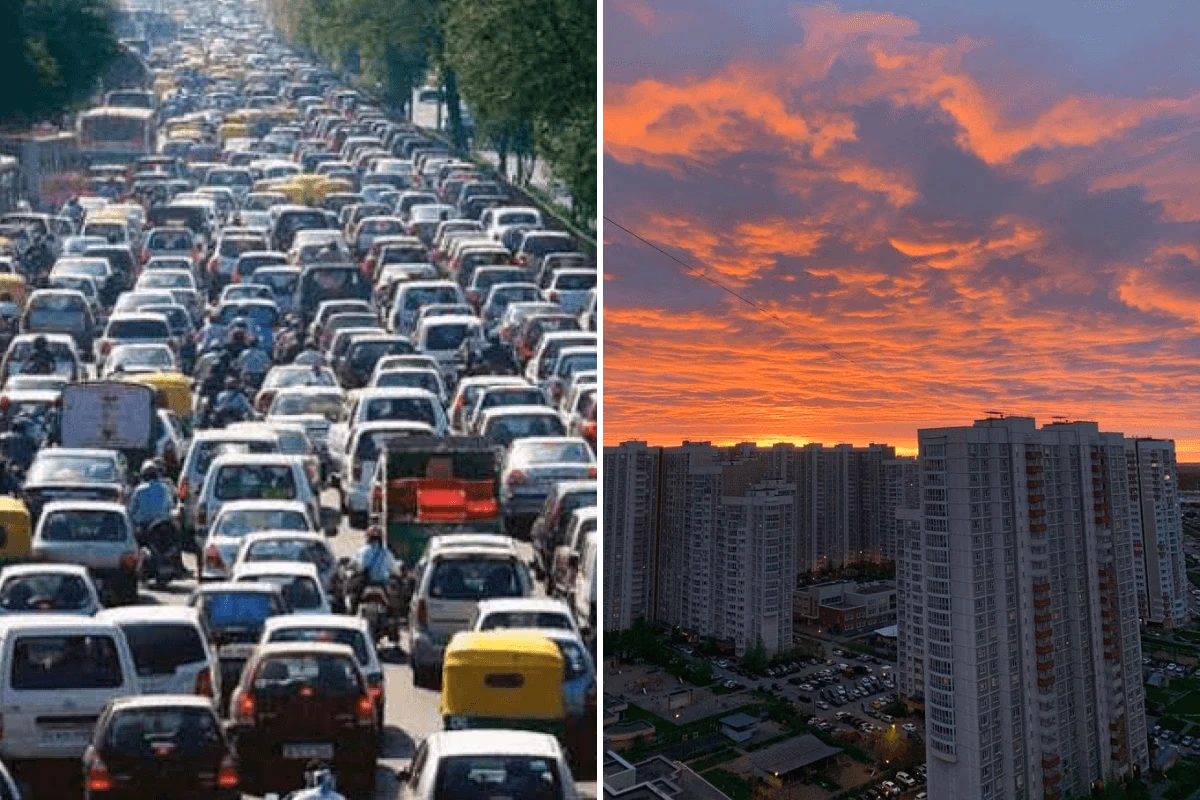 Packed traffic and identical towers at sunset