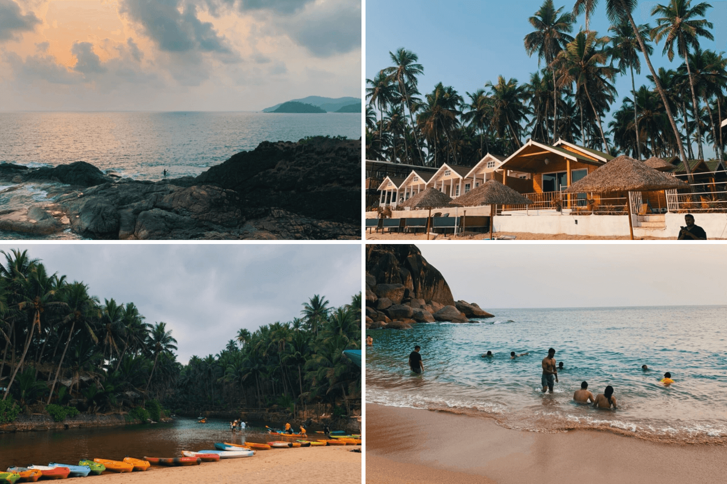 Four photos in a grid: sunset over rocky sea, beach huts under palms, kayaks on a lagoon, swimmers by dark rocks