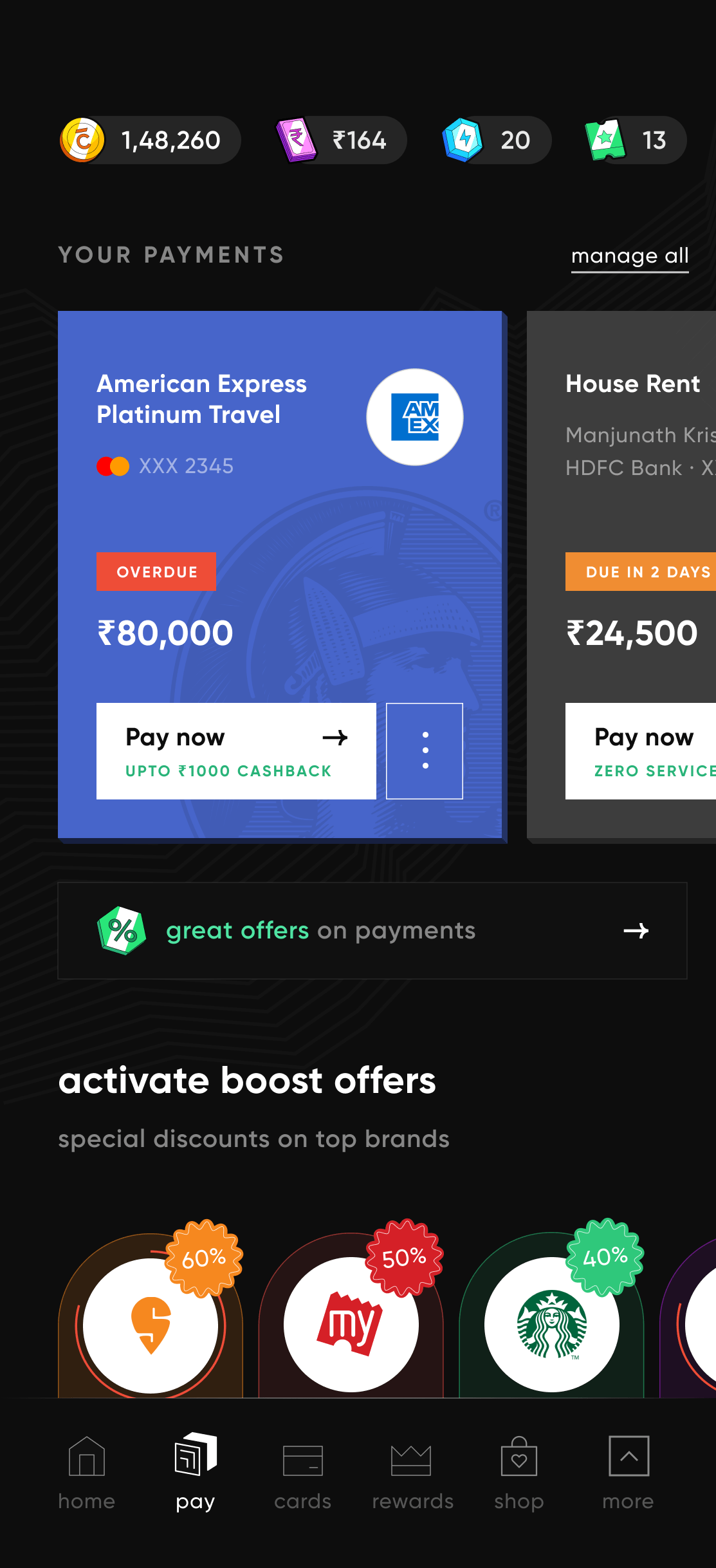 Mobile prototype of Bill Payments 0-1 in CRED